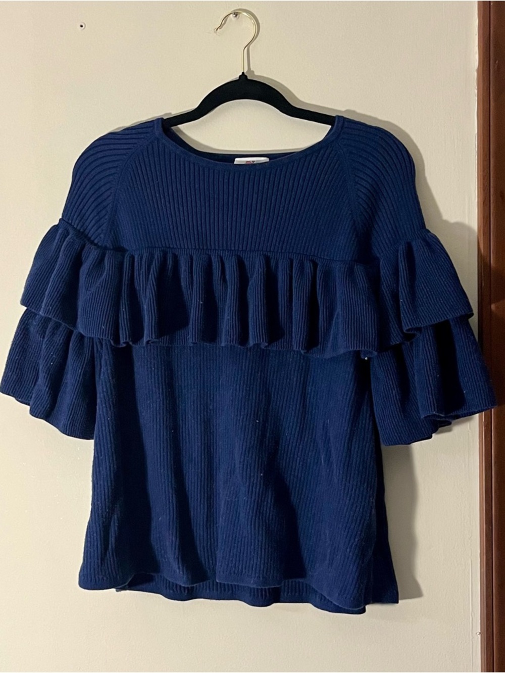 Vineyard Vines Ribbed Ruffle Sweater Knit Top Silk Cotton Deep Navy Blue Large